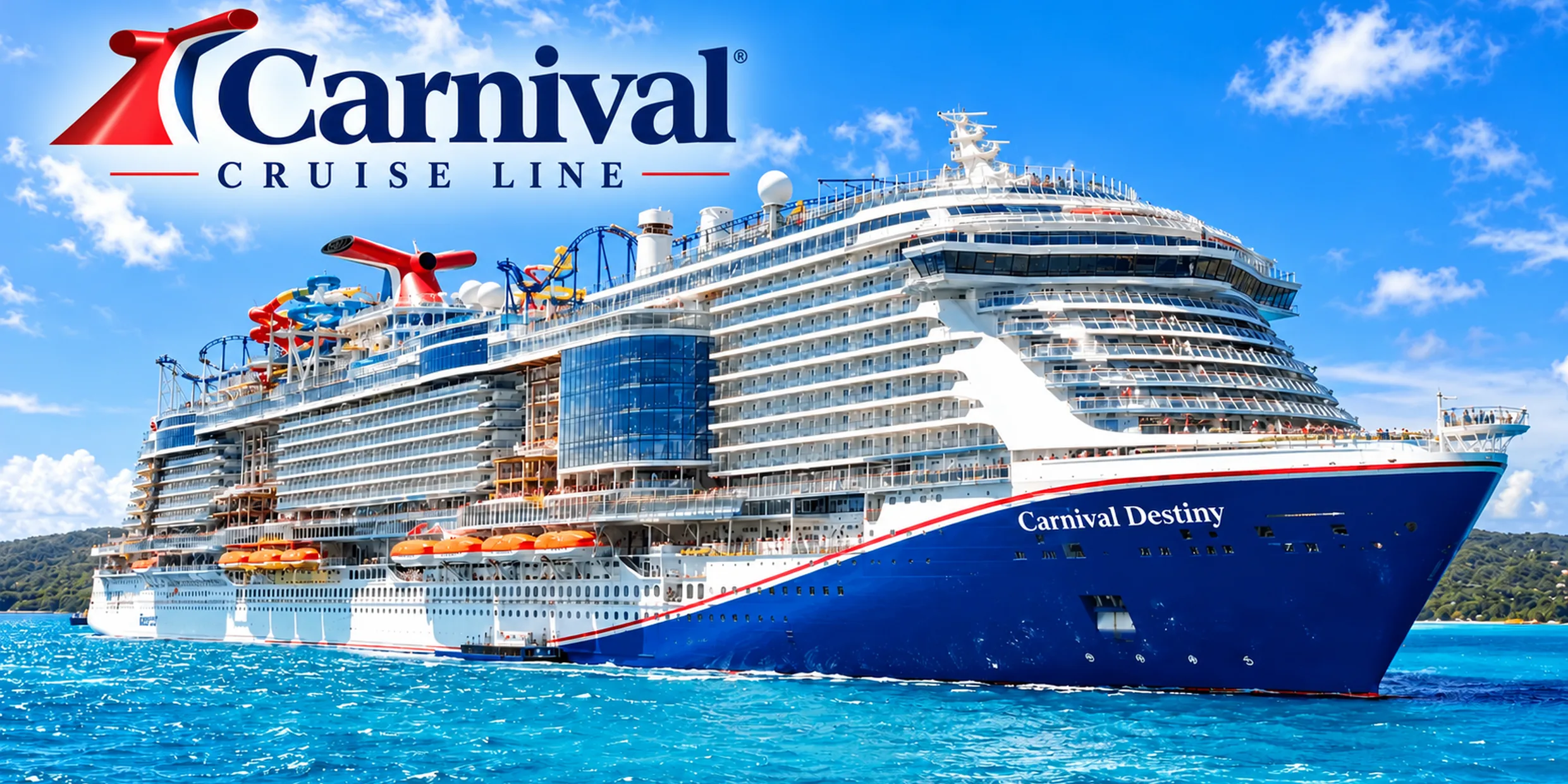 Carnival Destiny on turquoise water under the Carnival Cruise Line logo