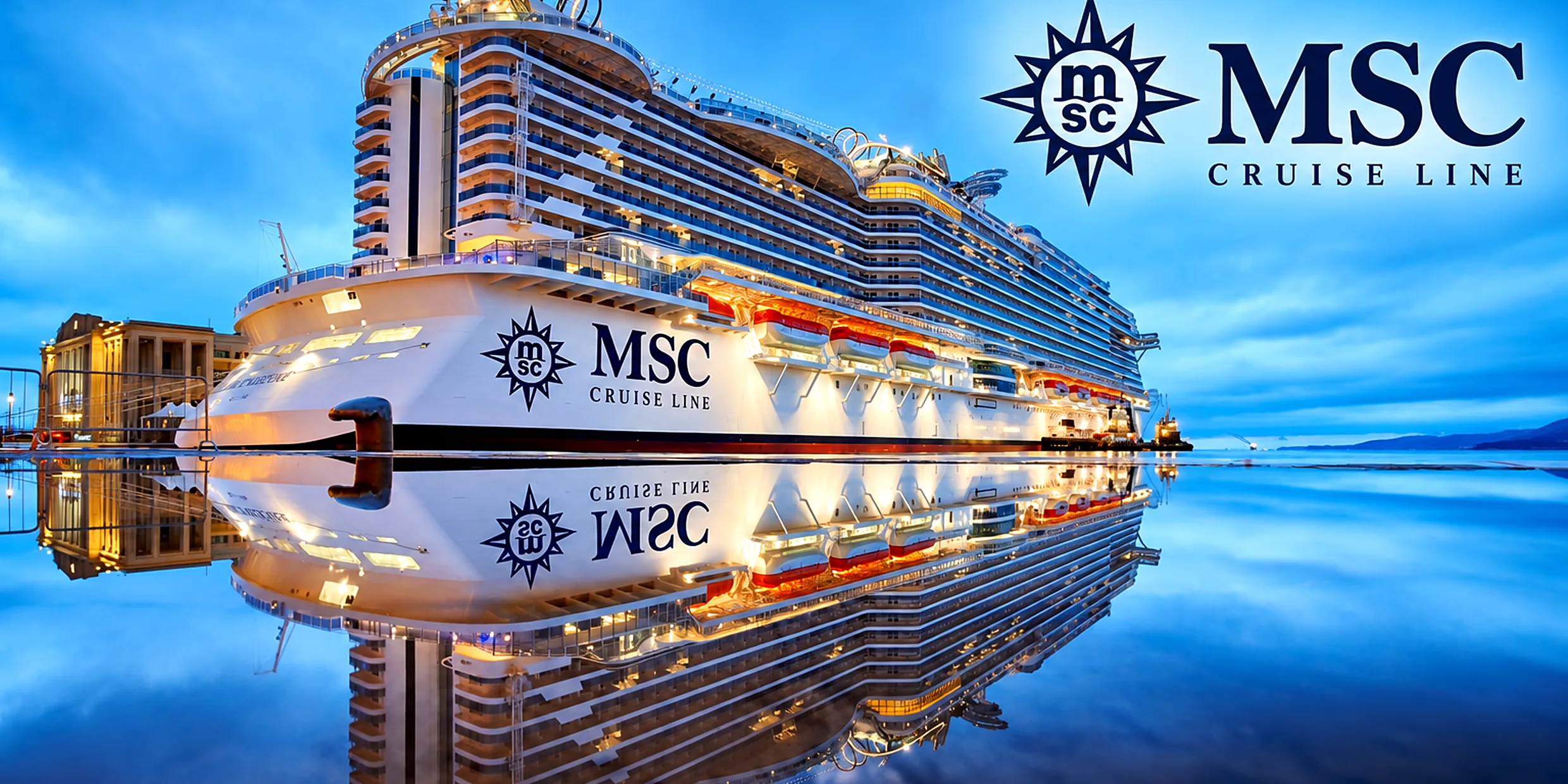 MSC cruise ship lit at twilight, reflected in still water at the pier under the MSC Cruises logo