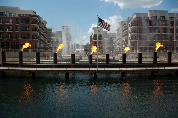 Fire and fountains along the waterfront at Branson Landing