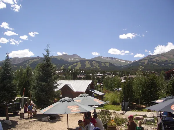Breckenridge town with green ski slopes and mountains behind in summer