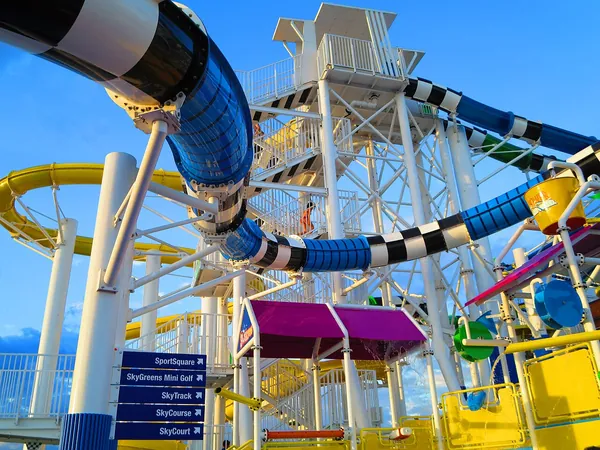 Colorful twisting water slides on the top deck of Carnival Sunshine