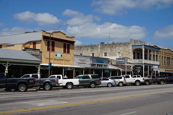 Historic storefronts along East Main Street in Fredericksburg, Texas