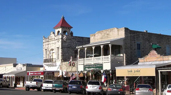 Historic stone buildings in downtown Fredericksburg, Texas