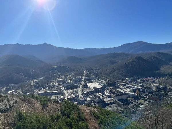Gatlinburg, Tennessee in a valley ringed by the Great Smoky Mountains, seen from SkyLift Park