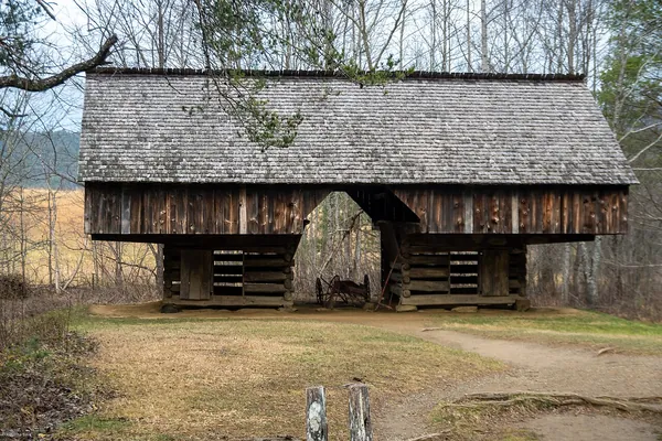 A historic log cantilever barn in the Great Smoky Mountains
