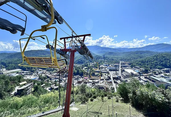 The SkyLift chairlift climbing above Gatlinburg toward the mountains