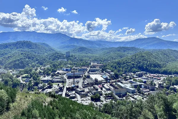 Gatlinburg and the surrounding green mountains seen from above