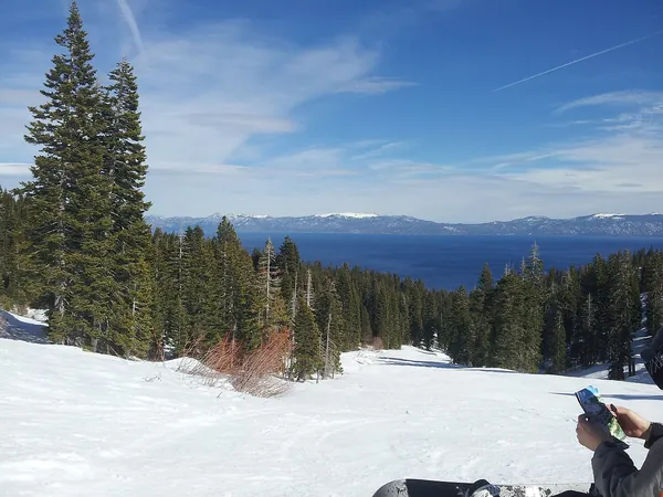 Snowy hillside and pine trees above Lake Tahoe, seen from Homewood, California