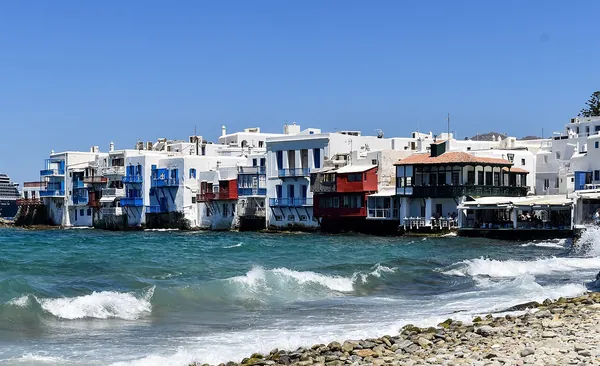 Colorful waterfront houses of Little Venice above the sea on Mykonos, Greece