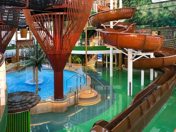 Twisting slides and splash pools in the water park on MSC Seaside