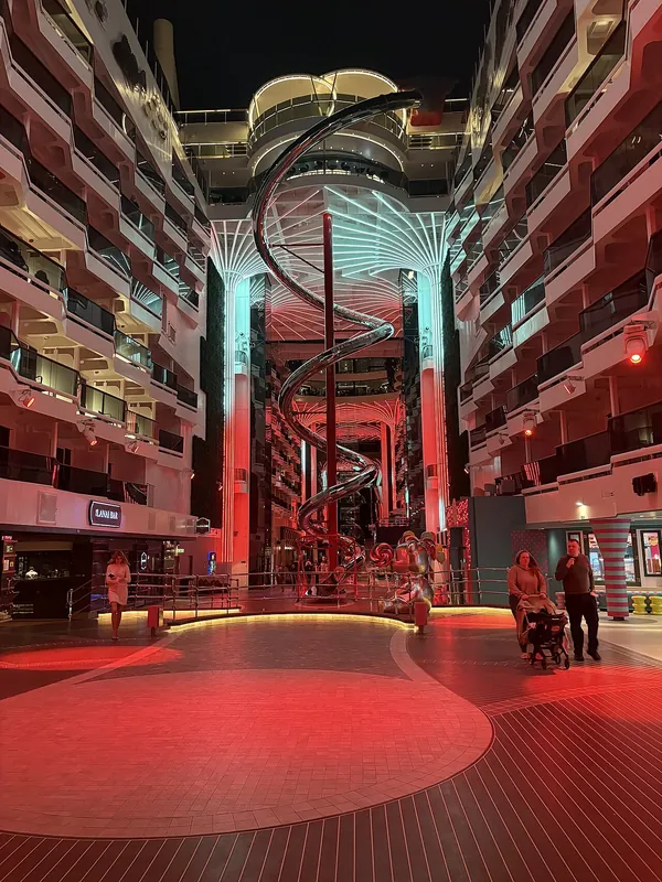 The World Promenade and its spiral dry slide, between the cabin decks of MSC World Europa