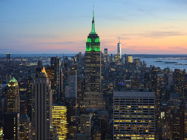 The Empire State Building and Midtown Manhattan at sunset, seen from Rockefeller Center