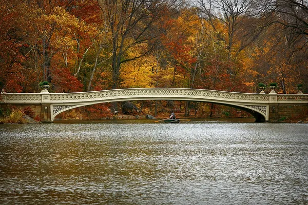 Bow Bridge over the lake in Central Park surrounded by fall color