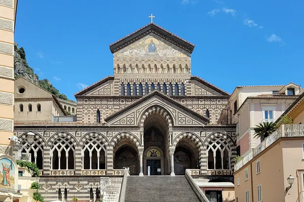 Striped façade and steps of Amalfi Cathedral
