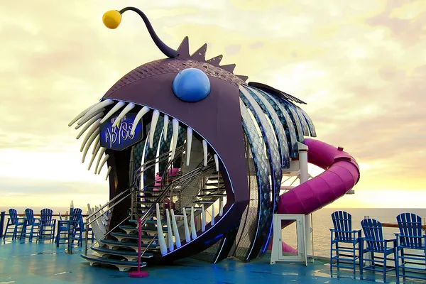 The giant anglerfish mouth at the bottom of the Ultimate Abyss slide on the Boardwalk, Harmony of the Seas