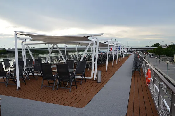 Shaded seating on the sun deck of the river ship Viking Embla