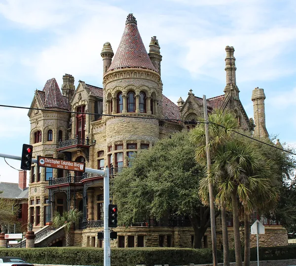 The ornate stone towers of Bishop’s Palace on Broadway in Galveston