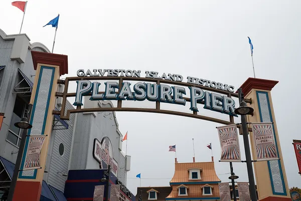 The Pleasure Pier entrance sign on Seawall Boulevard