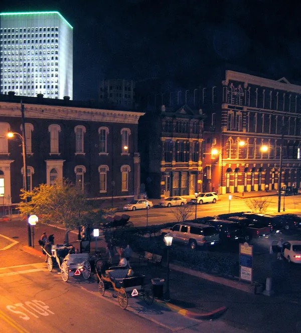 Historic buildings of The Strand lit up at night