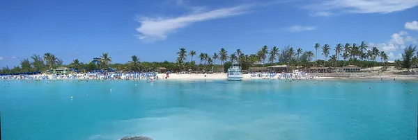 Panorama of the beach and turquoise water at Great Stirrup Cay