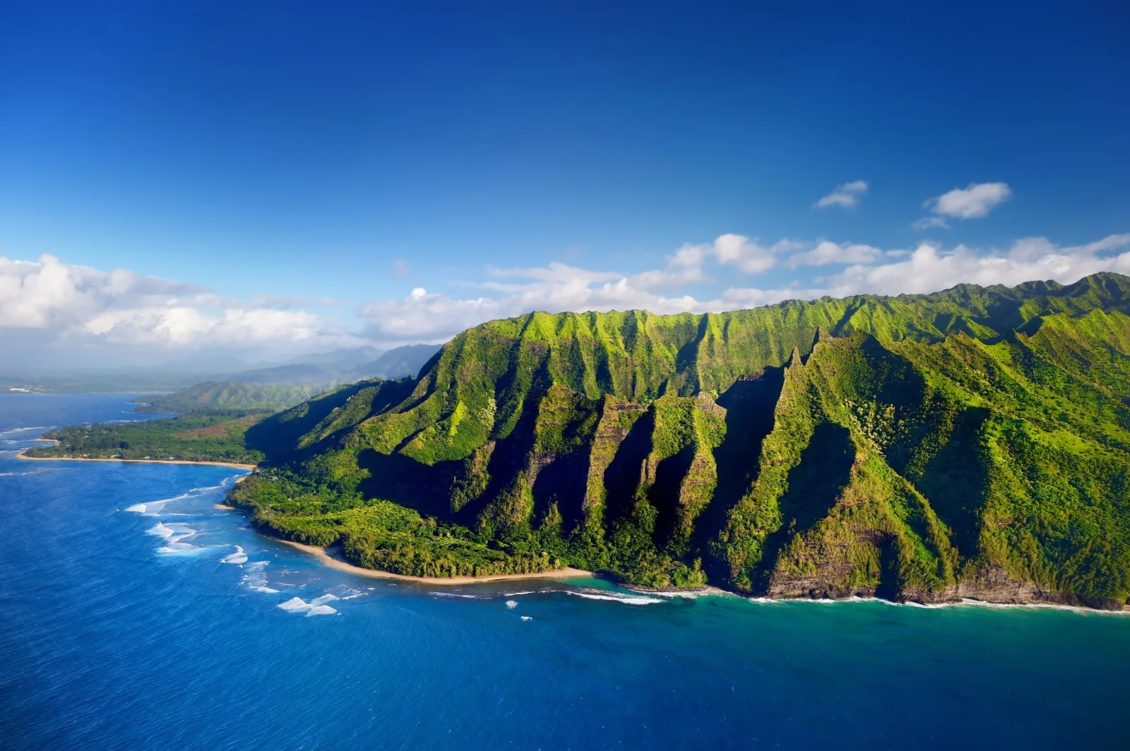 Lush green Kauai coastline and tropical scenery, Hawaii