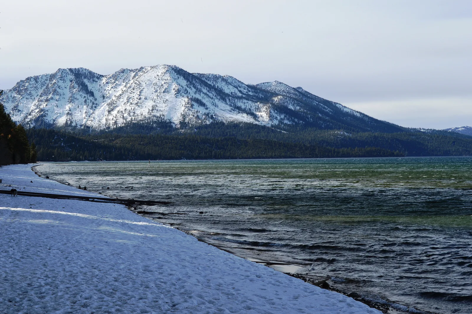 Snowy shoreline and deep blue water at Camp Richardson Beach with snow-covered mountains behind, Lake Tahoe in winter