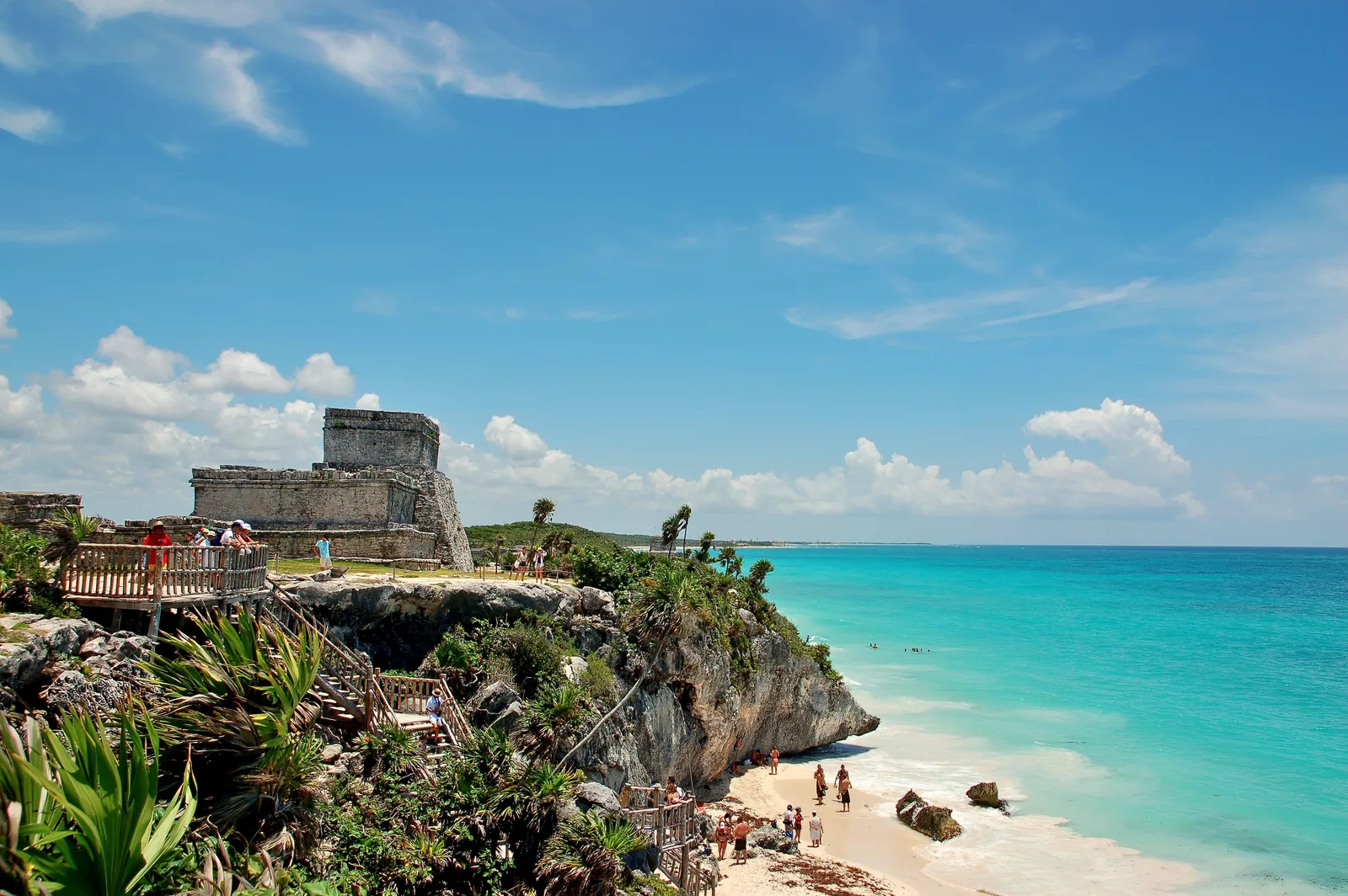 Tulum’s Maya castle on the cliff above a turquoise Caribbean beach, Riviera Maya